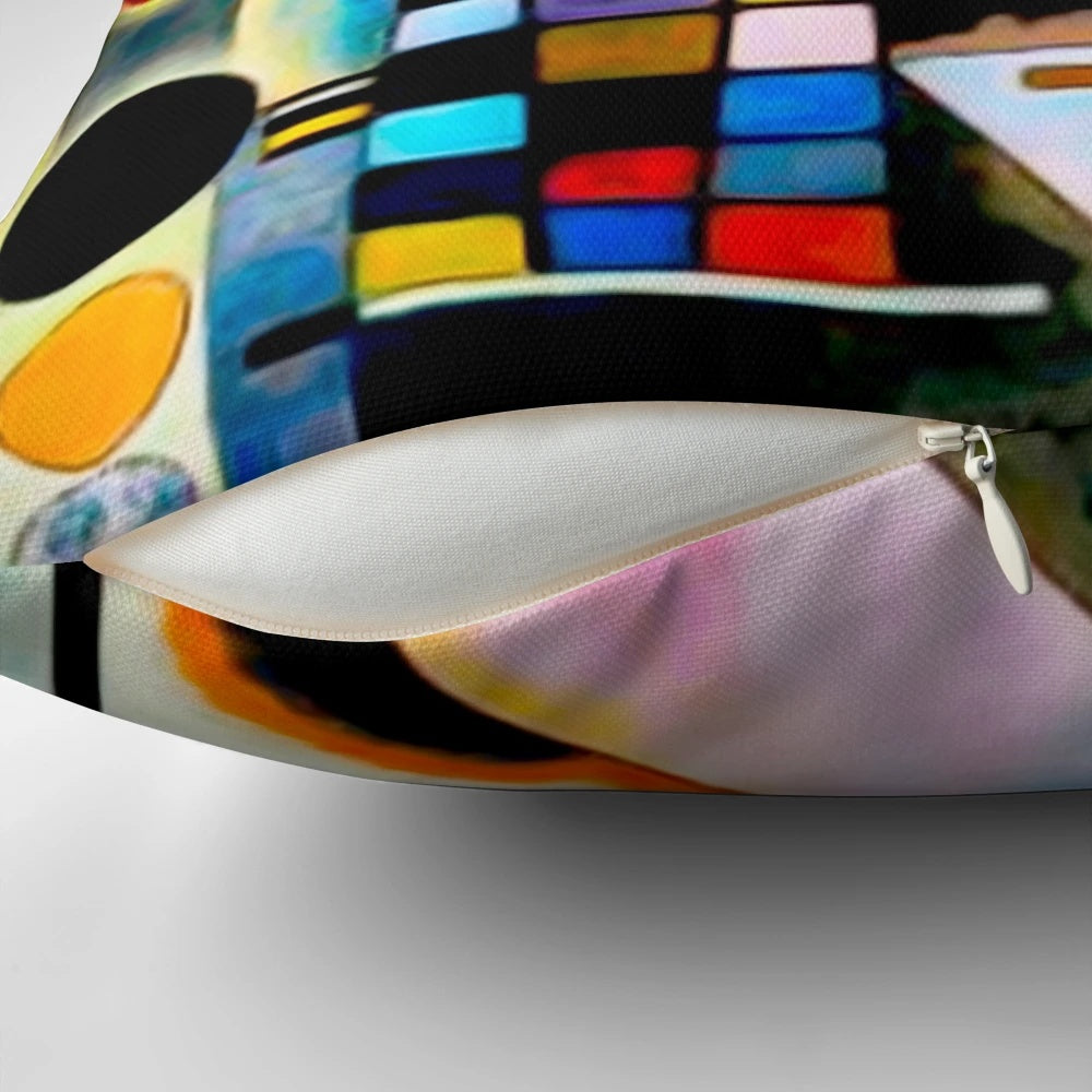 Colorful abstract art pillow featuring geometric shapes and Kandinsky-inspired expressionist design