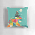 A vibrant, geometric-patterned pillow depicting a sloth surfing a wave