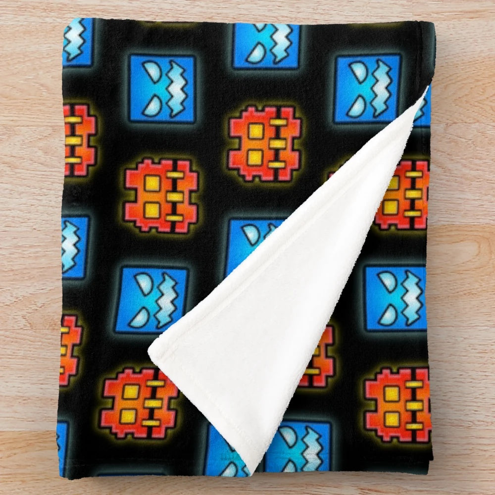 Geometry Dash inspired plush blanket with geometric patterns
