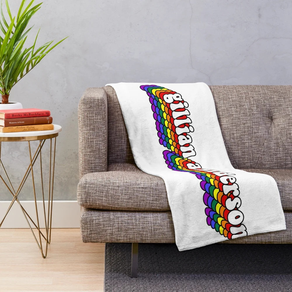 Vibrant rainbow text plush blanket featuring Gillian Anderson
