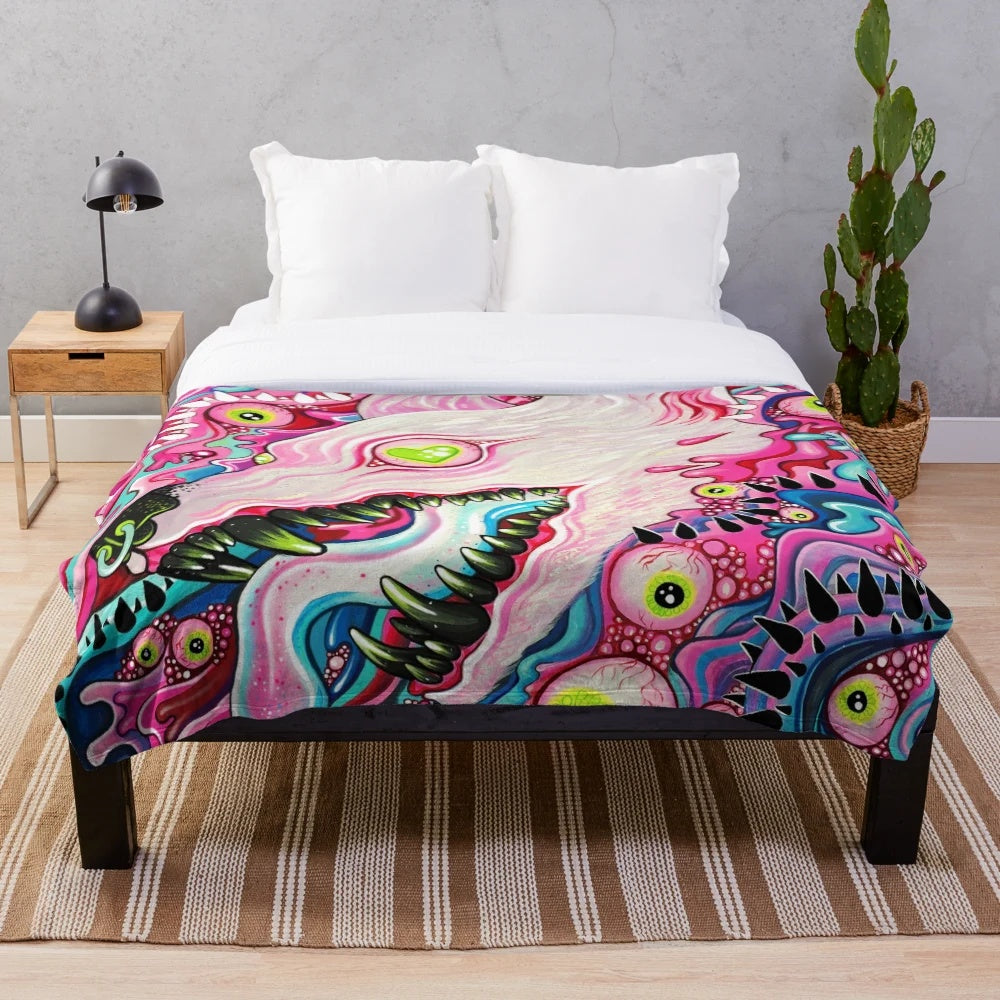 Colorful Glitterwolf acrylic painting design on a plush blanket