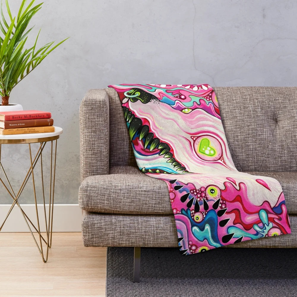 Colorful Glitterwolf acrylic painting design on a plush blanket