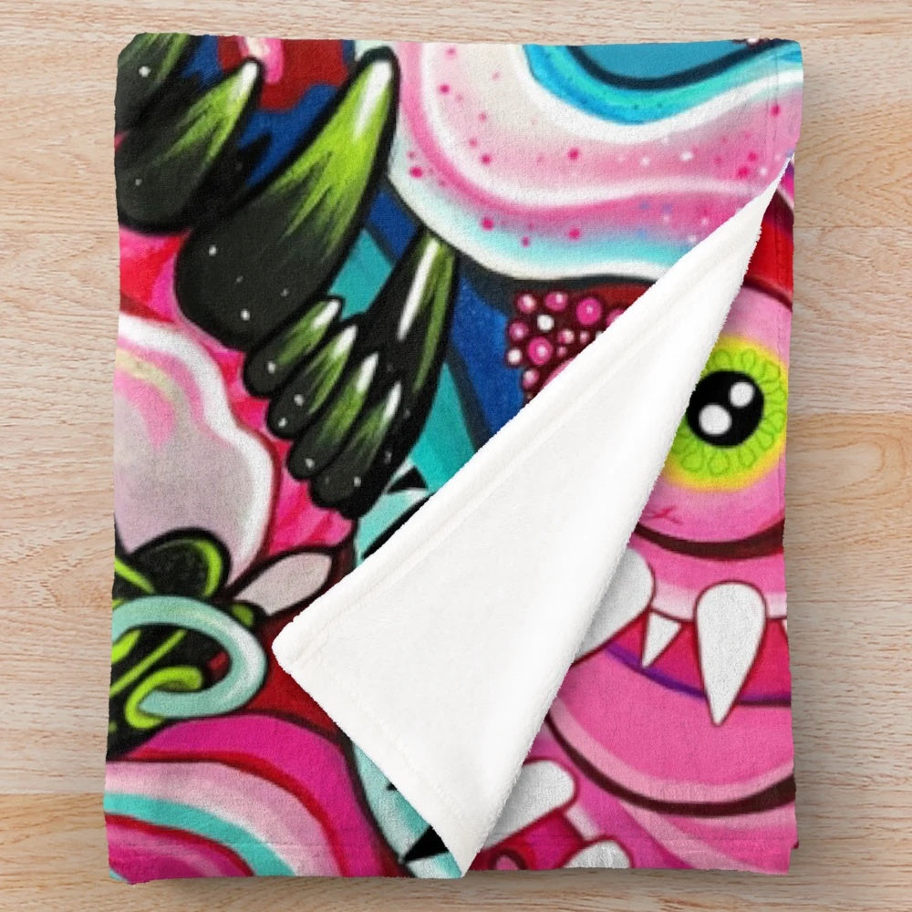 Colorful Glitterwolf acrylic painting design on a plush blanket