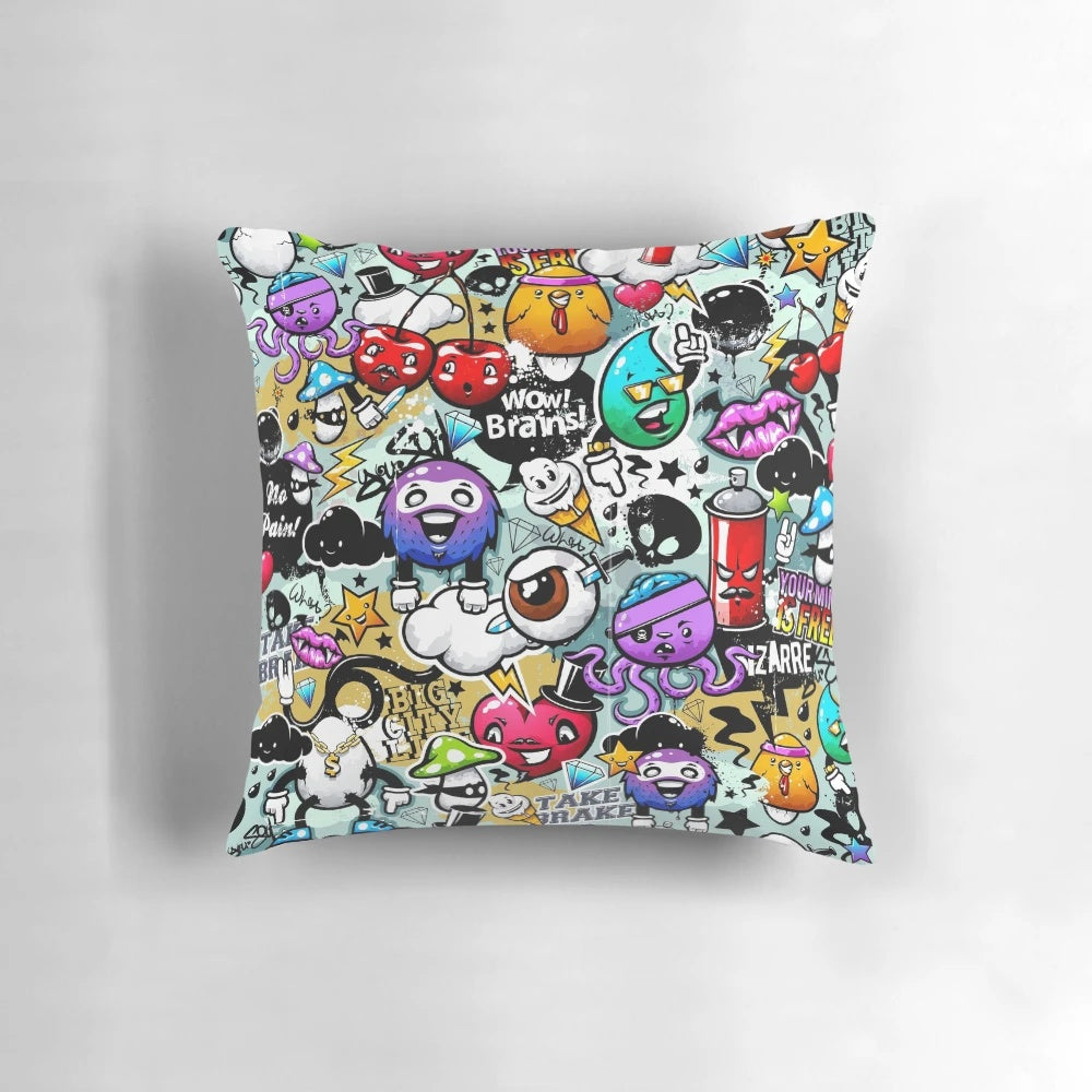 Vibrant and whimsical graffiti-inspired pillow with playful characters, perfect for adding a touch of street art to any child's bedroom.