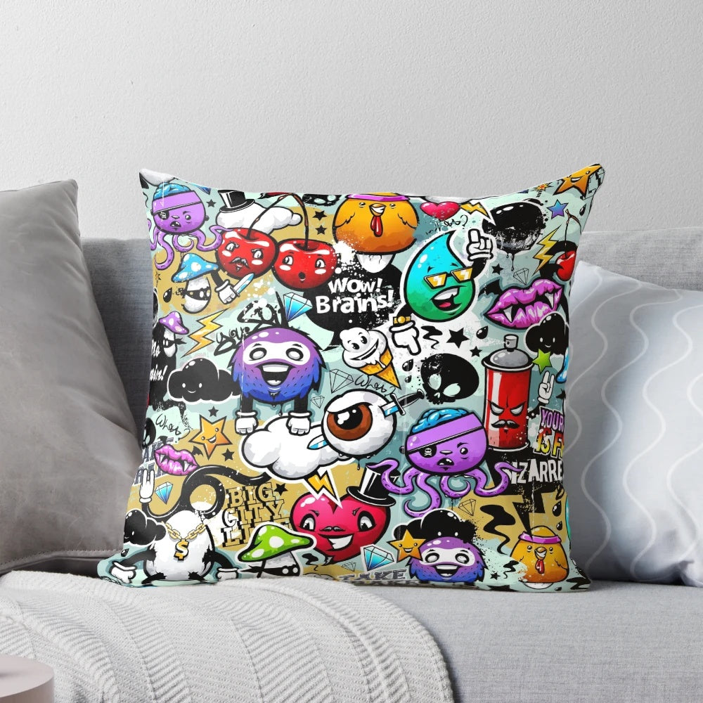 Vibrant and whimsical graffiti-inspired pillow with playful characters, perfect for adding a touch of street art to any child's bedroom.