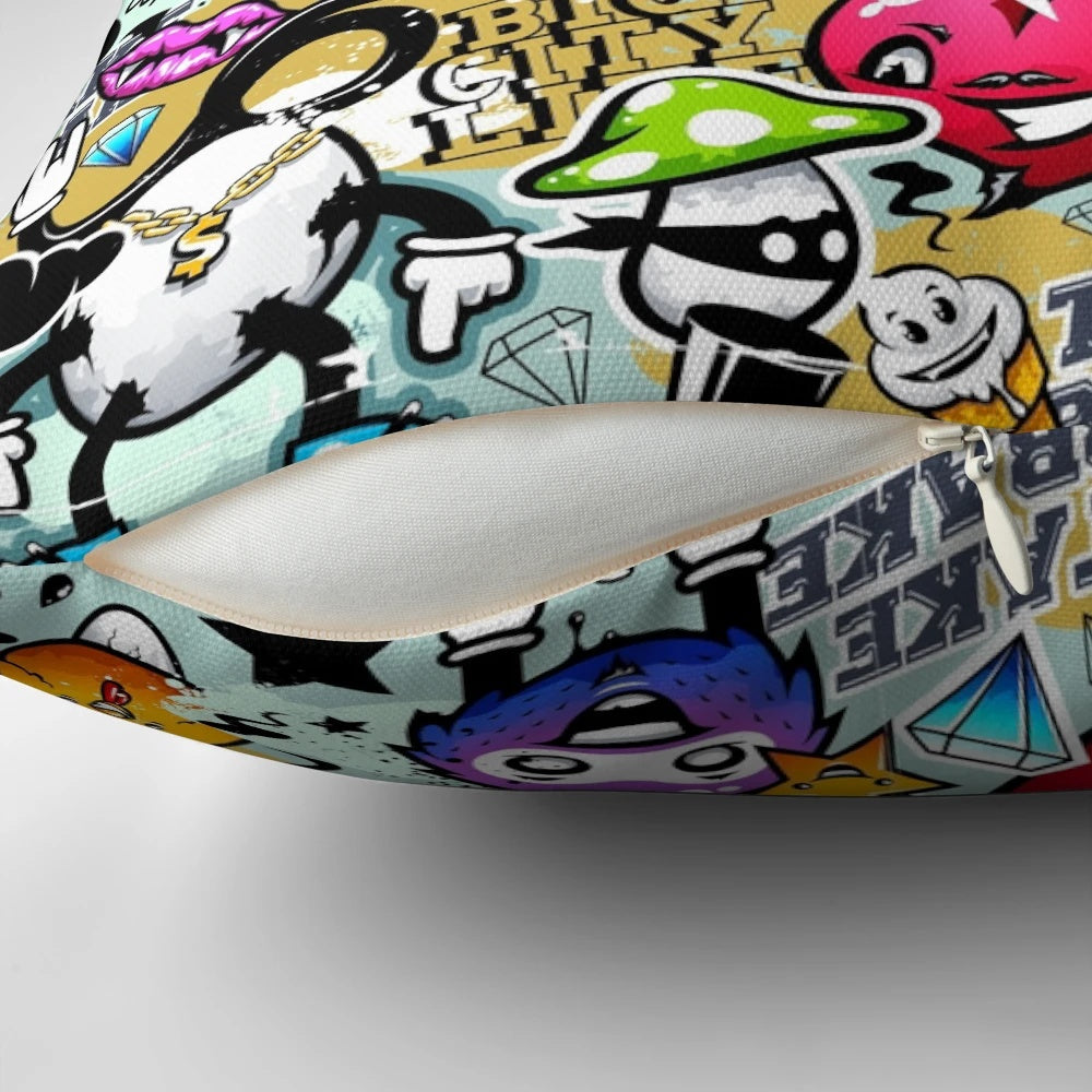 Vibrant and whimsical graffiti-inspired pillow with playful characters, perfect for adding a touch of street art to any child's bedroom.