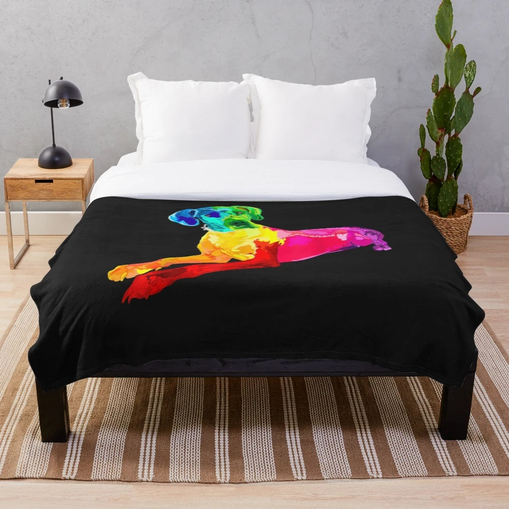 Vibrant and cozy plush blanket featuring a colorful Great Dane design