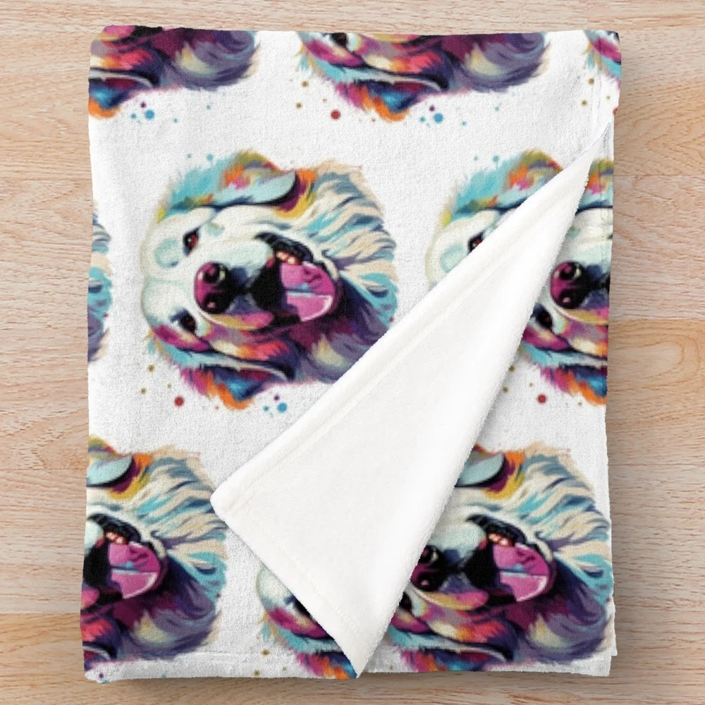 Watercolor painting of a cute Great Pyrenees dog on a plush blanket