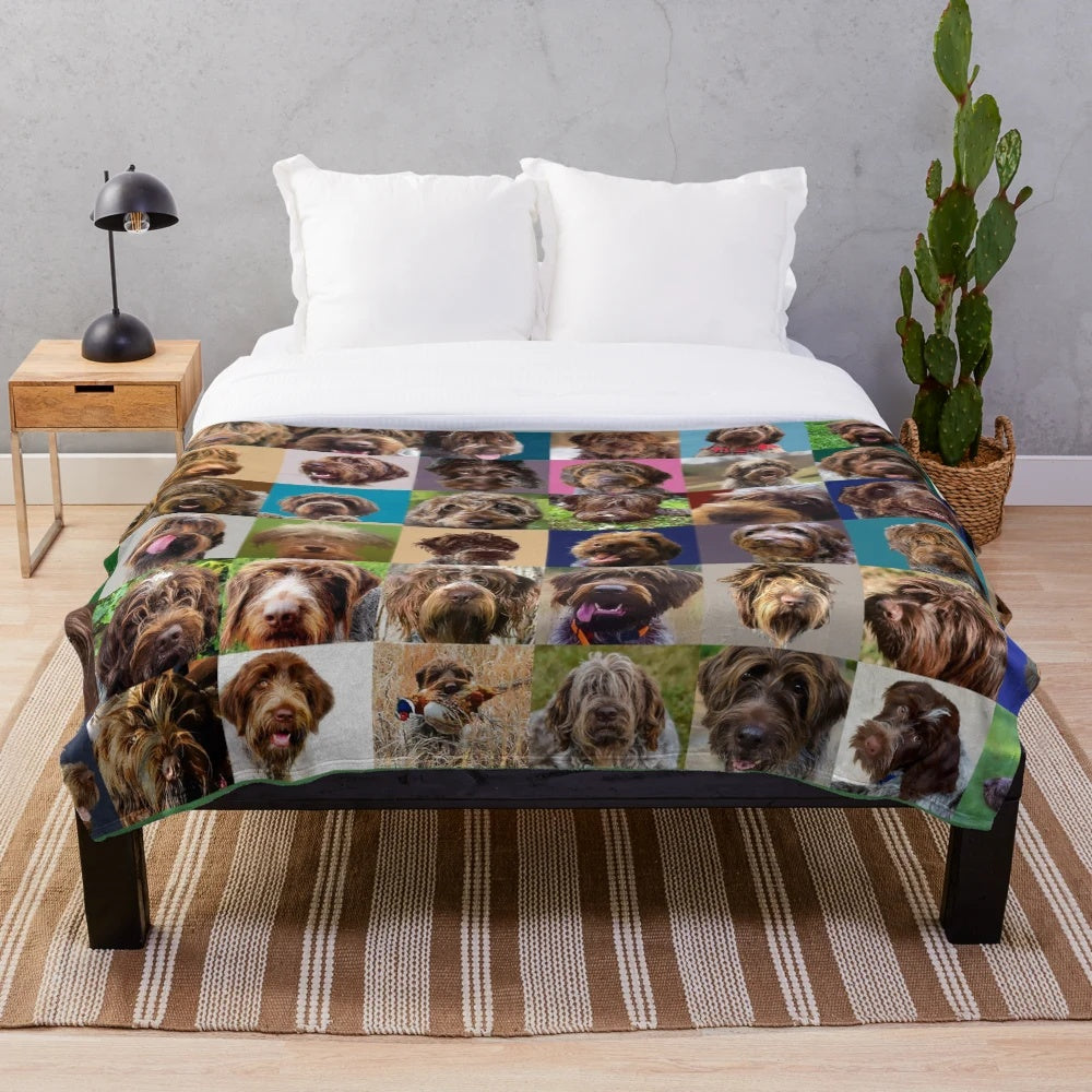 Colorful and whimsical plush blanket featuring a Griff dog portrait puzzle design