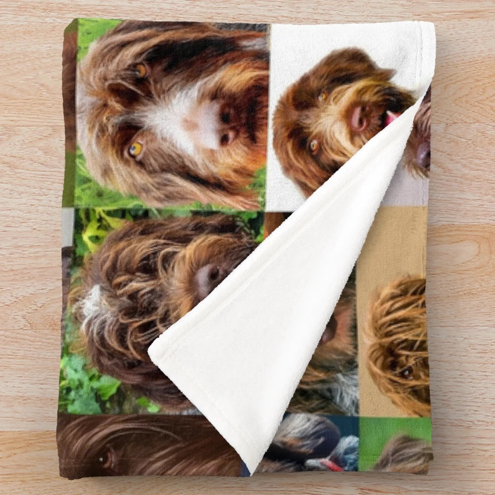 Colorful and whimsical plush blanket featuring a Griff dog portrait puzzle design
