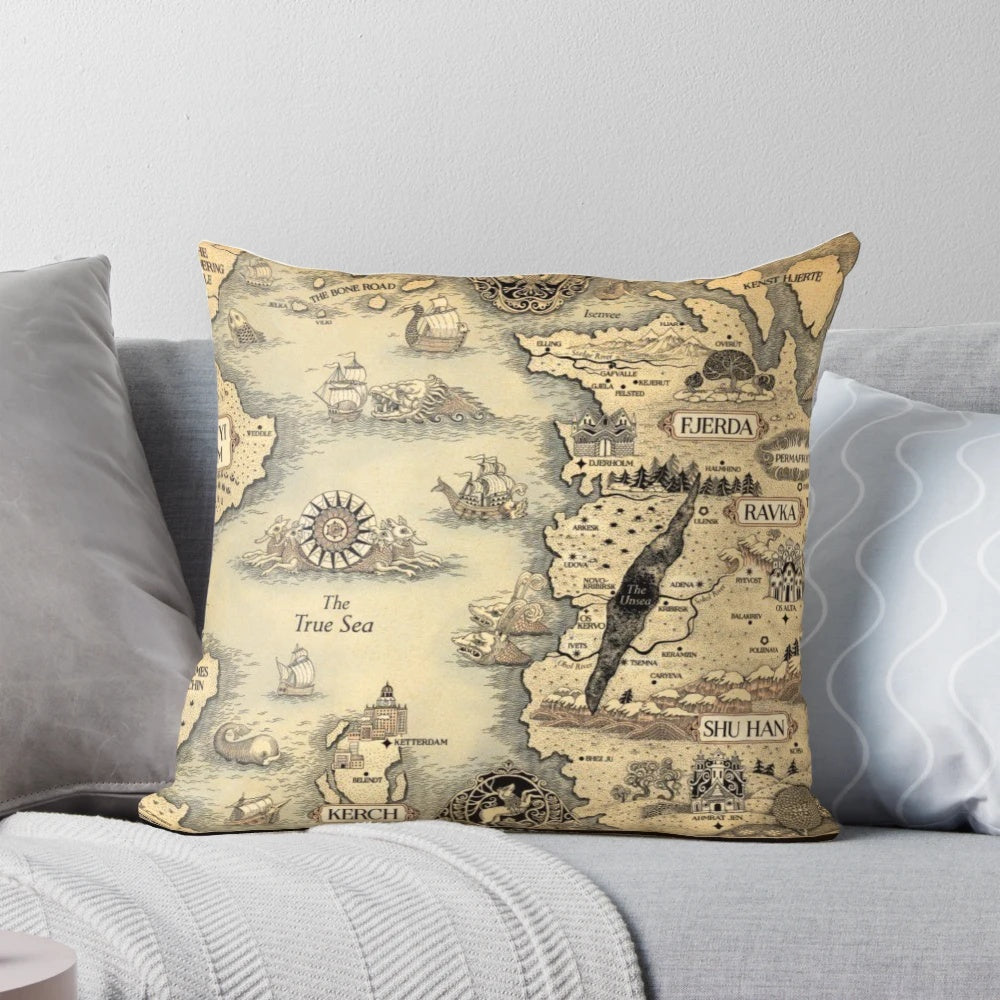 Vibrant and detailed Grishaverse map from the Shadow and Bone series printed on a comfortable throw pillow.