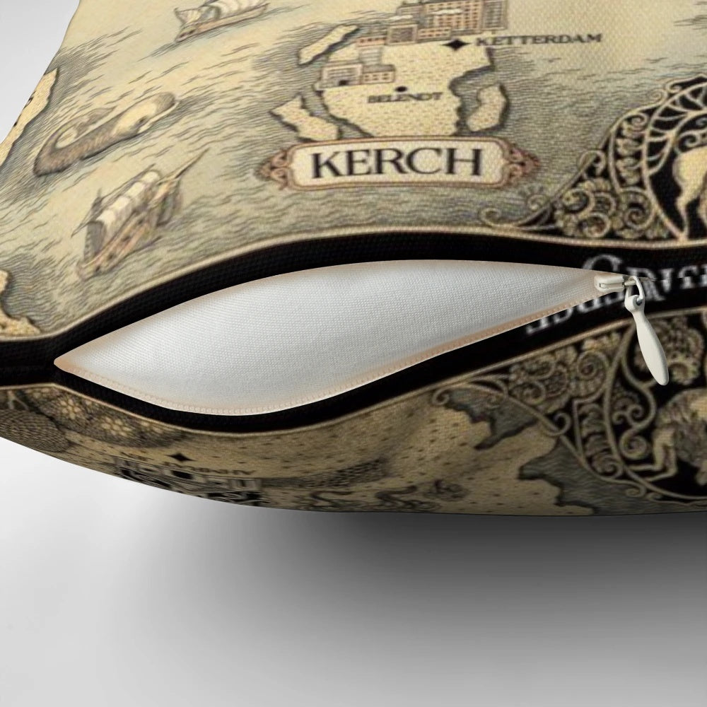 Vibrant and detailed Grishaverse map from the Shadow and Bone series printed on a comfortable throw pillow.