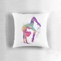 Vibrant watercolor illustration of a gymnast girl tumbling on a pillow