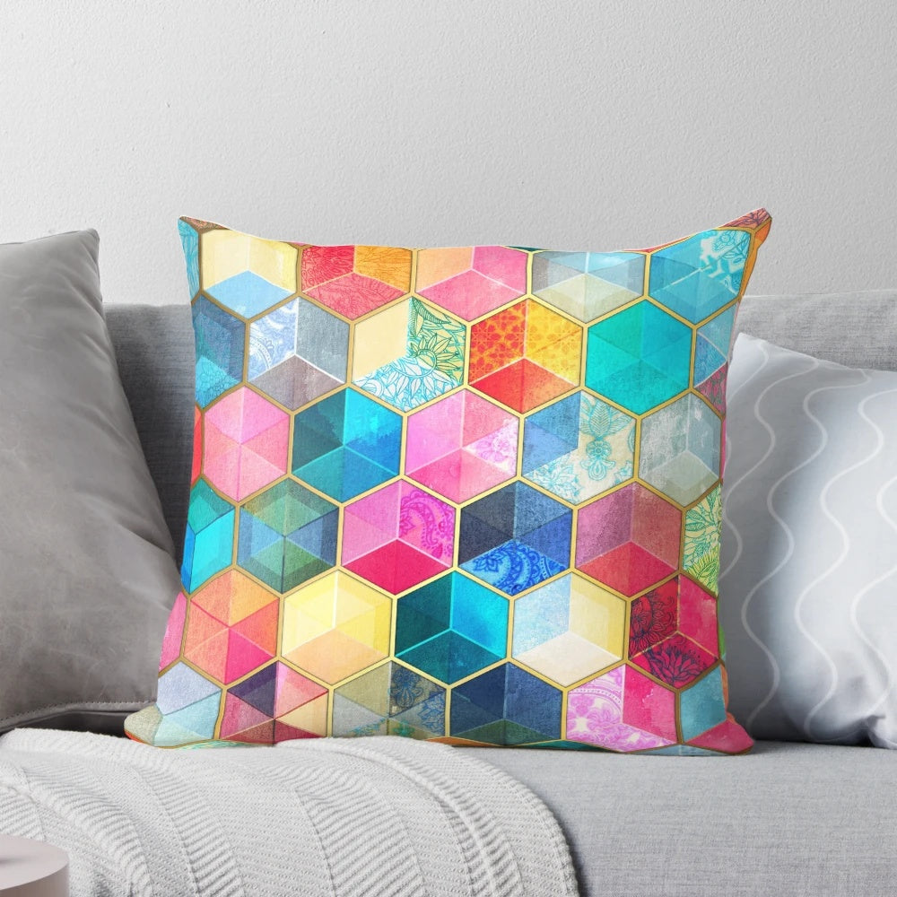 Colorful hexagon pattern crystal bohemian honeycomb cube pillows