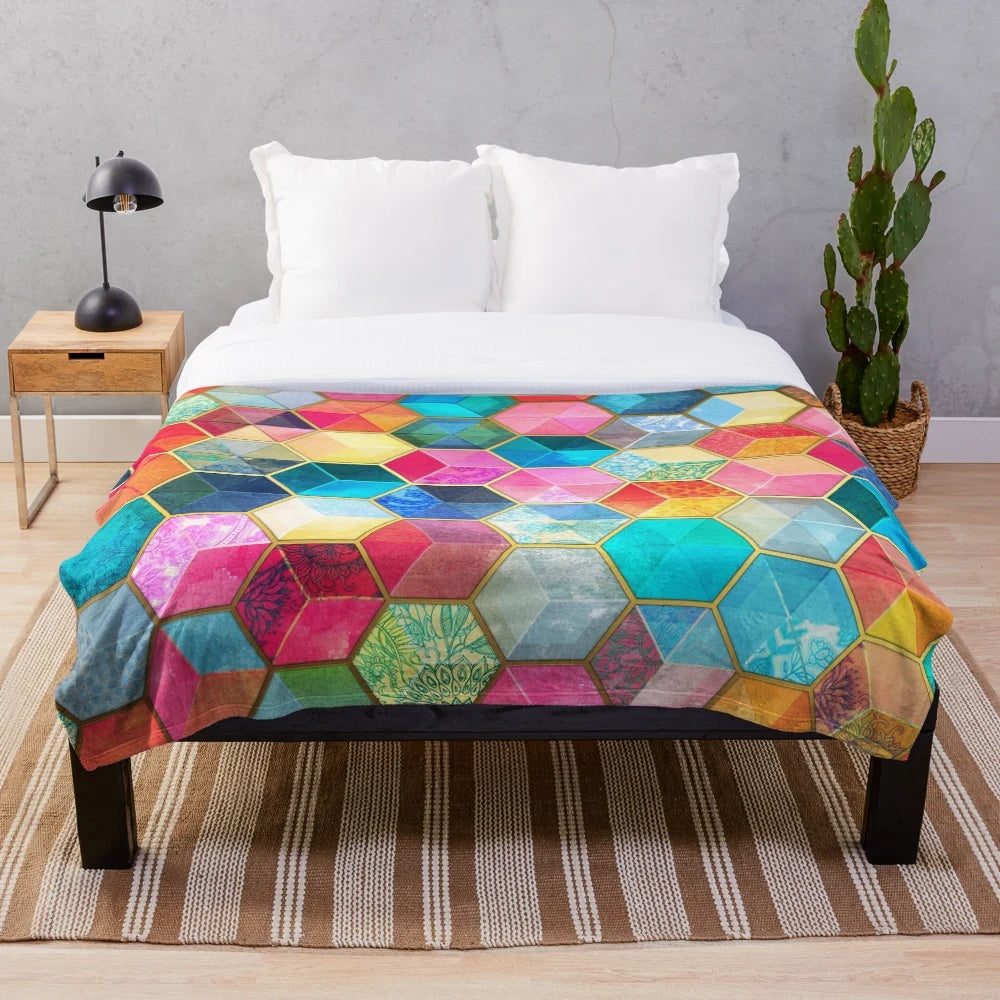 Colorful crystal bohemian hexagon pattern plush blanket