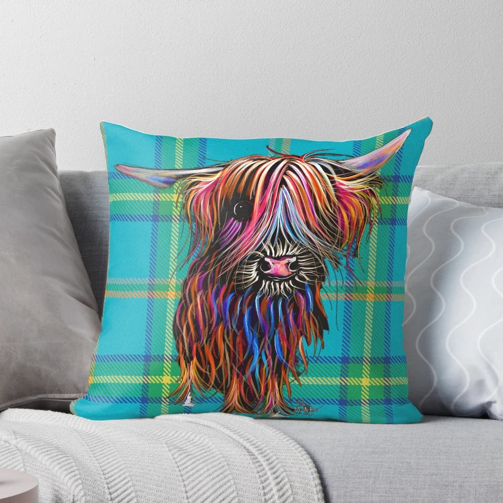 Colorful Highland Cow Tartan Pillow