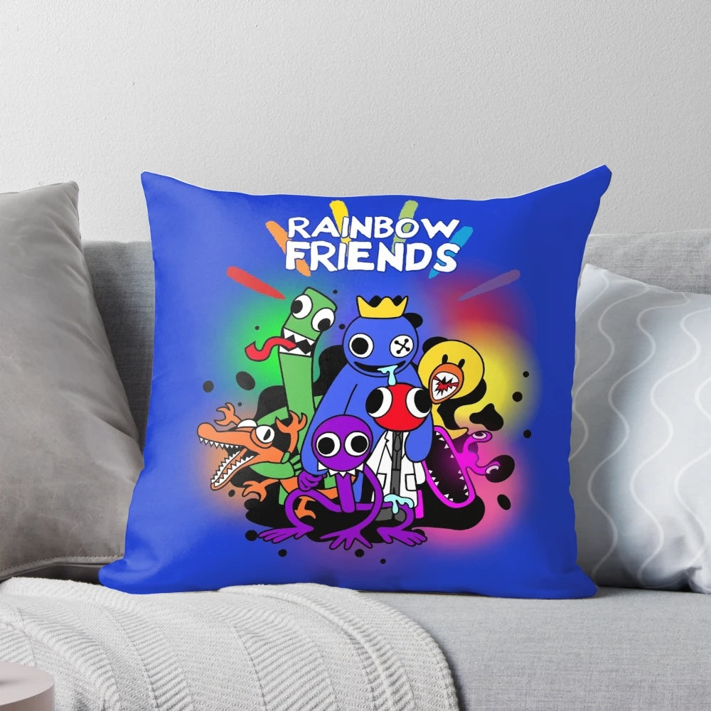 Colorful plush pillow with a vibrant rainbow design, perfect for hugging
