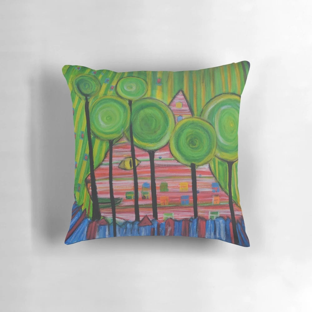 Vibrant and colorful Hundertwasser-inspired cat throw pillow for home and pet decor