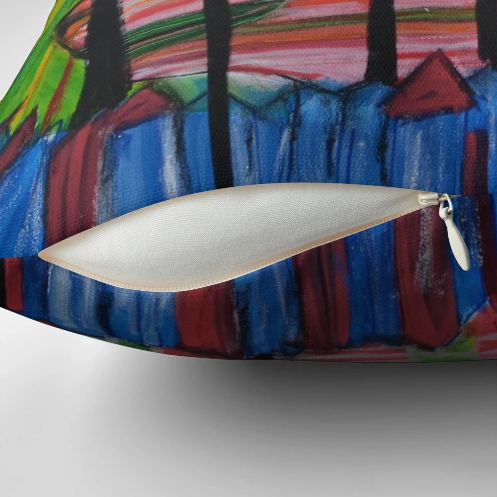 Vibrant and colorful Hundertwasser-inspired cat throw pillow for home and pet decor