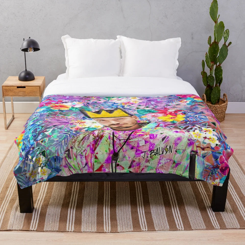 Vibrant portrait of Colombian reggaeton artist J Balvin printed on a plush blanket