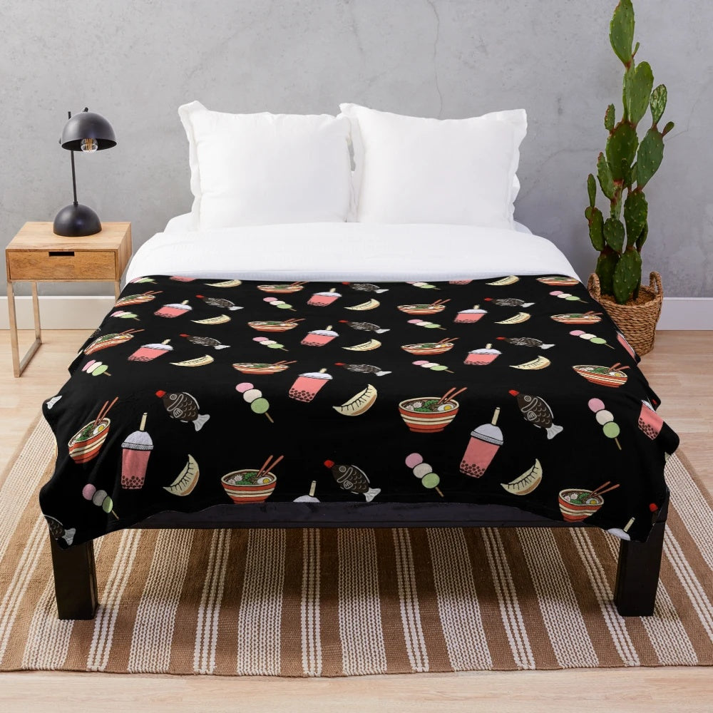 Colorful Japanese food and drink themed plush blanket with kawaii design
