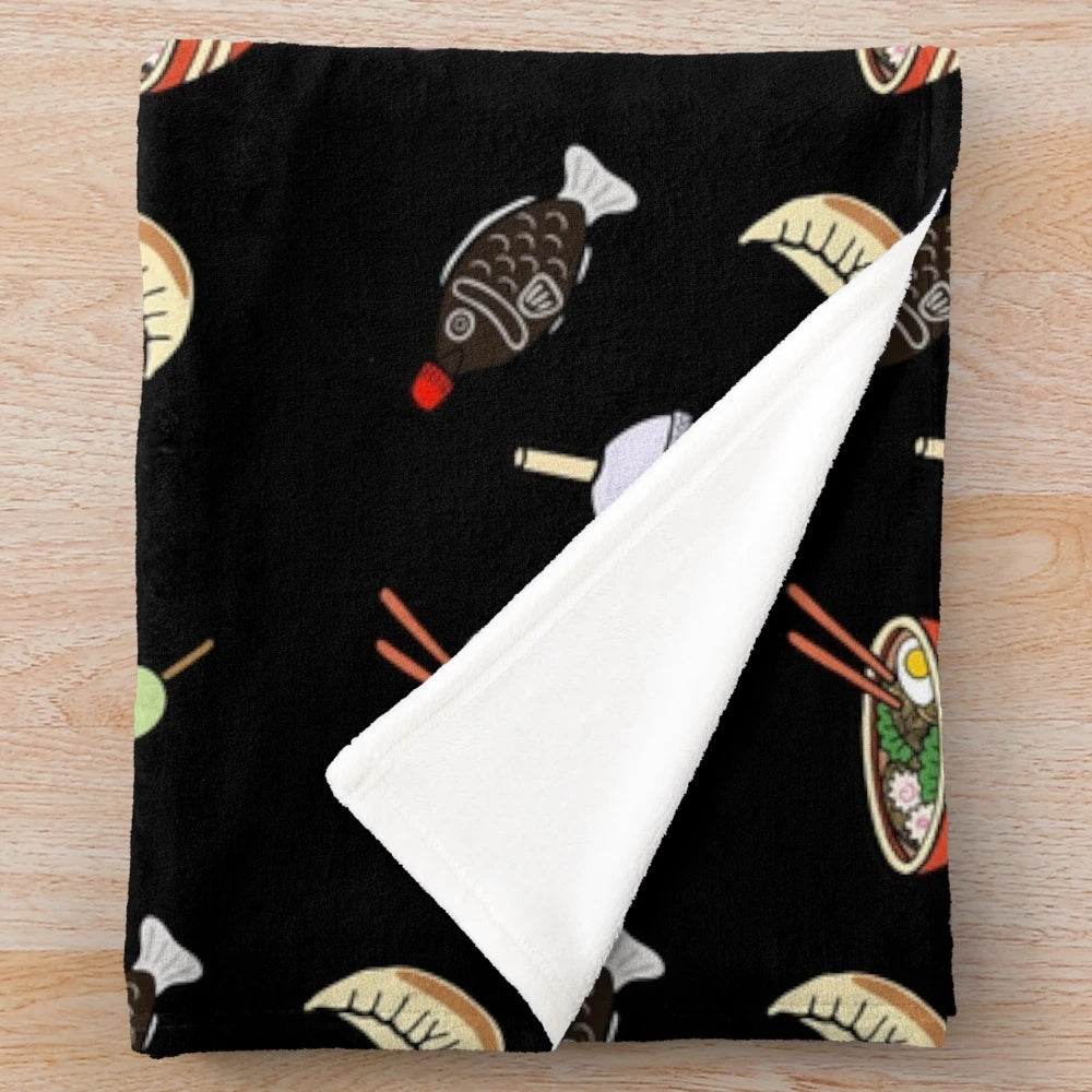 Colorful Japanese food and drink themed plush blanket with kawaii design