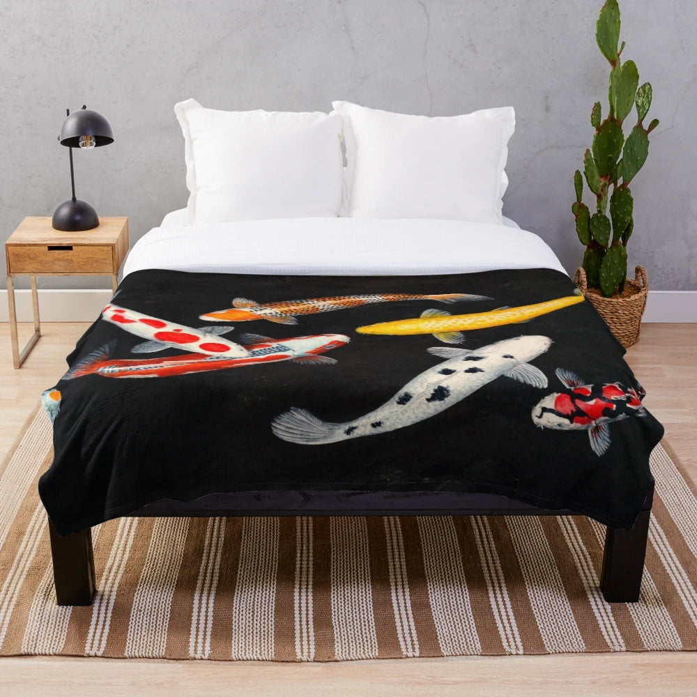 Koi fish plush blanket with vibrant colors and intricate details