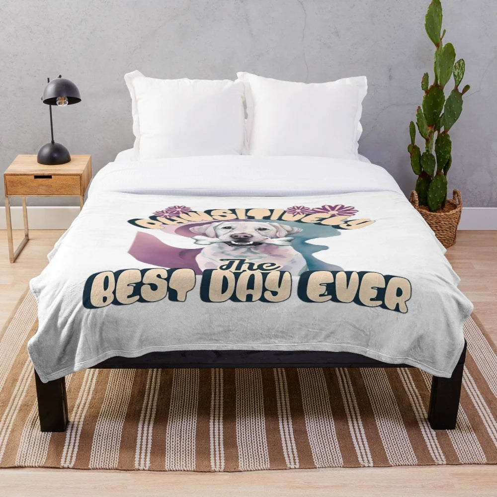 Cute Labrador dog with flowers and inspirational quote design on colorful plush blanket