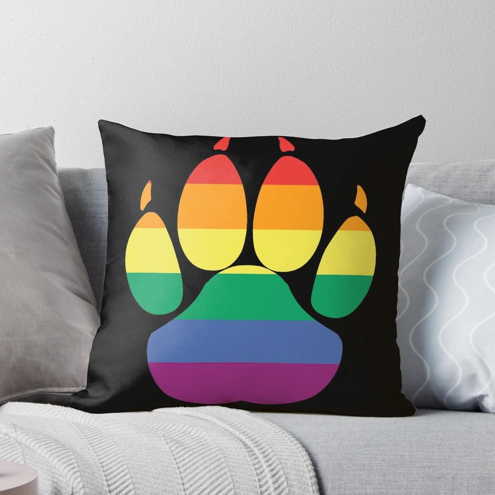 Vibrant LGBTQAI+ pride-themed decorative throw pillow with paw print design