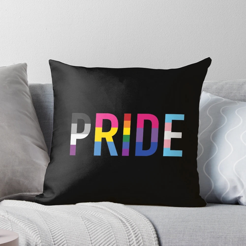 Vibrant, multicolored LGBTQIA+ pride flags printed on a soft, plush pillow