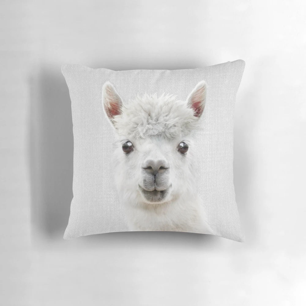 Colorful llama portrait on a modern minimalist gray pillow