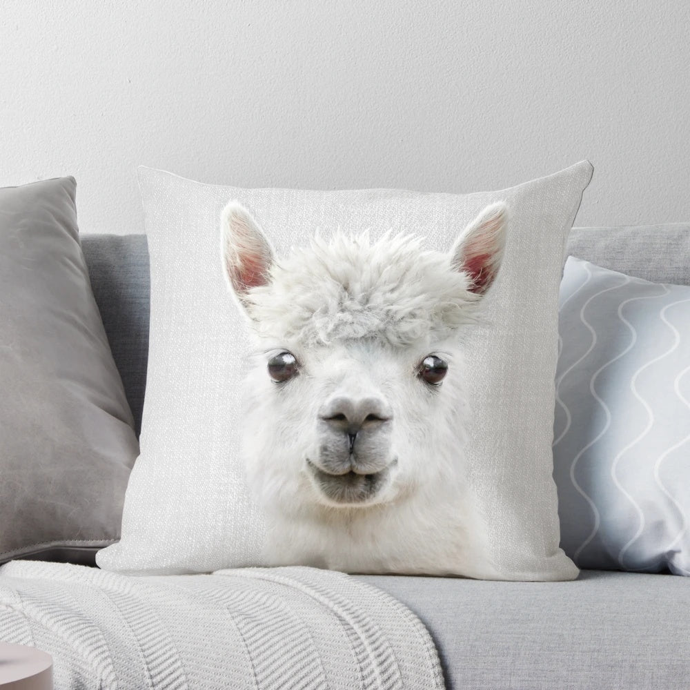 Colorful llama portrait on a modern minimalist gray pillow