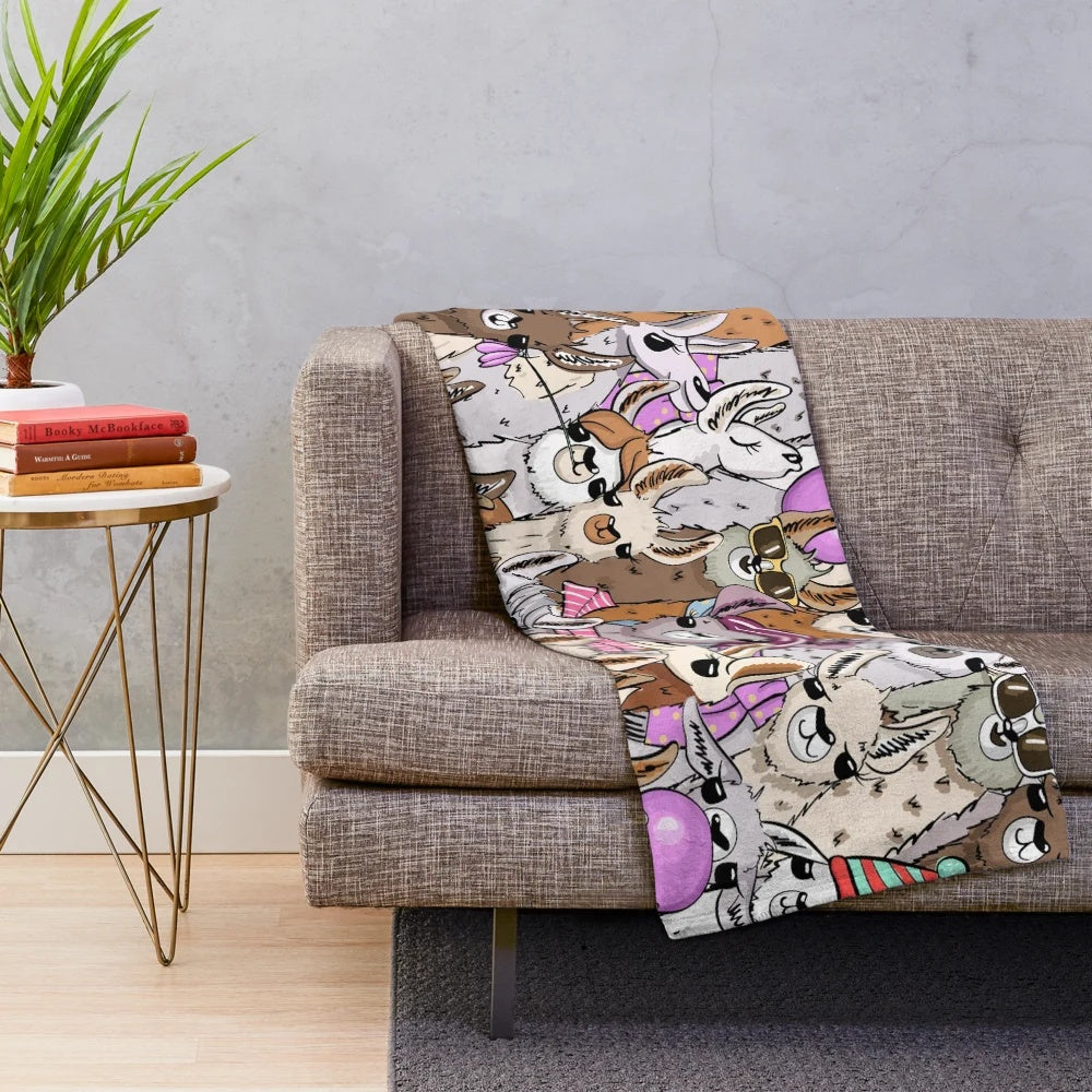 Colorful llama plush blanket with family and friends taking a selfie
