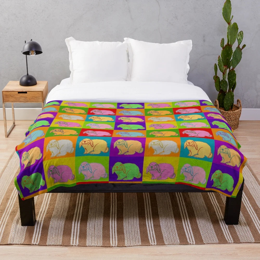 Colorful lop rabbit popart design on plush blanket