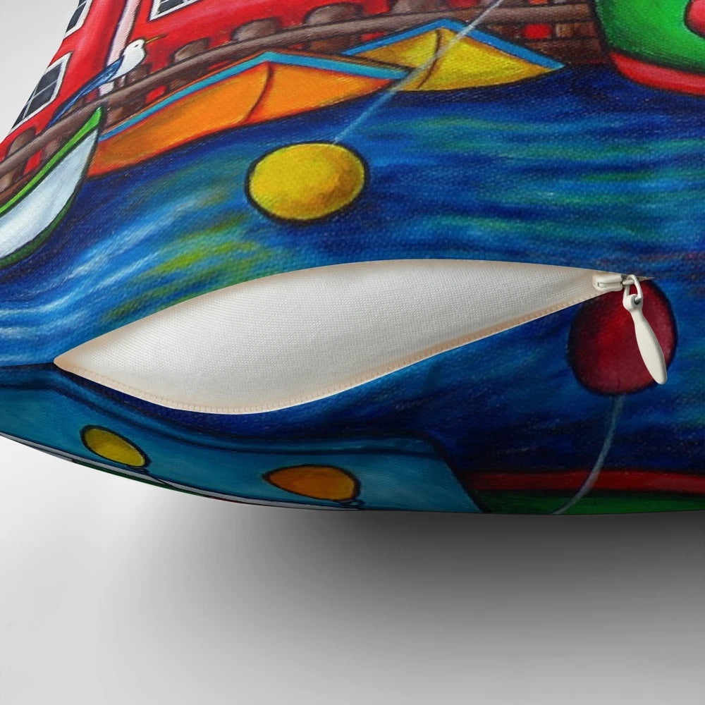 Vibrant pillow featuring a colorful scene of fishing boats in Lunenburg, Nova Scotia, Canada.