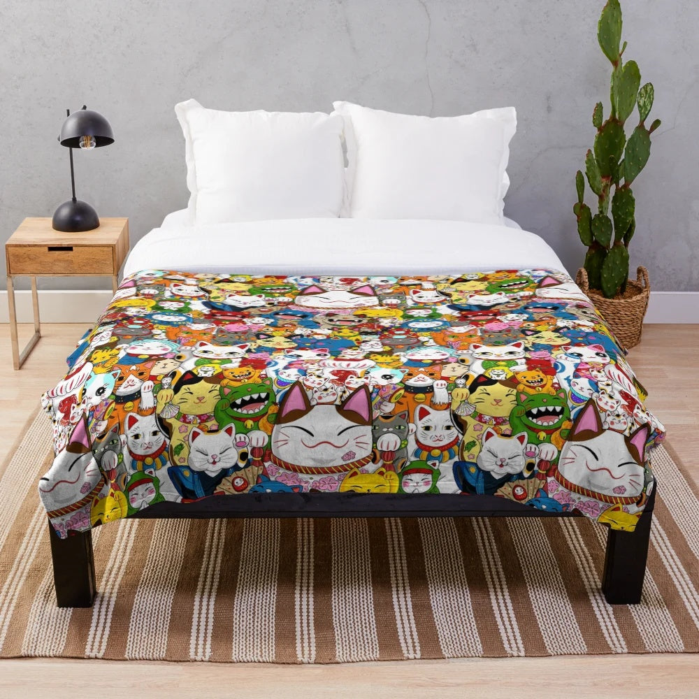 Vibrant Maneki Neko (Lucky Cat) plush blanket with rainbow colors