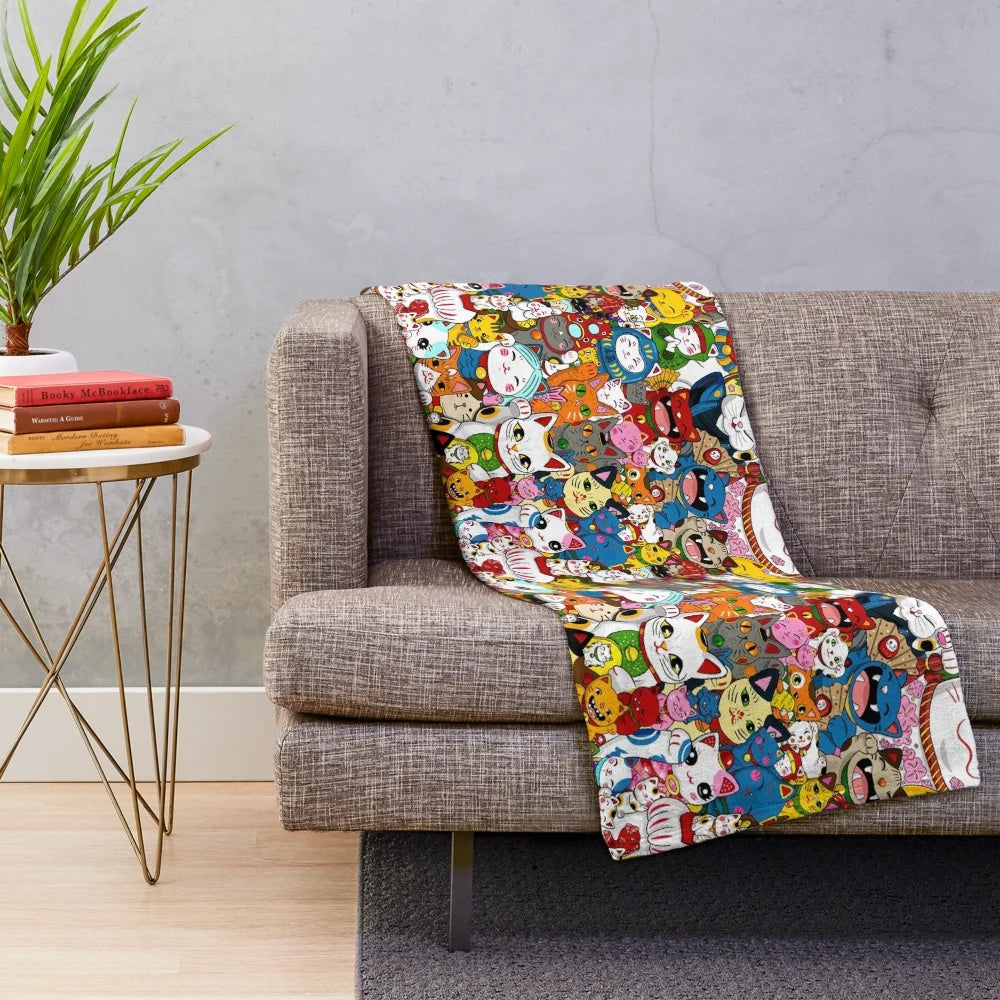 Vibrant Maneki Neko (Lucky Cat) plush blanket with rainbow colors