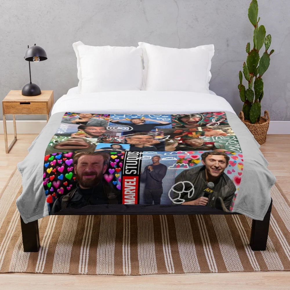 Plush blanket with a collage of Marvel superhero characters including Iron Man, Captain America, Thor, and more
