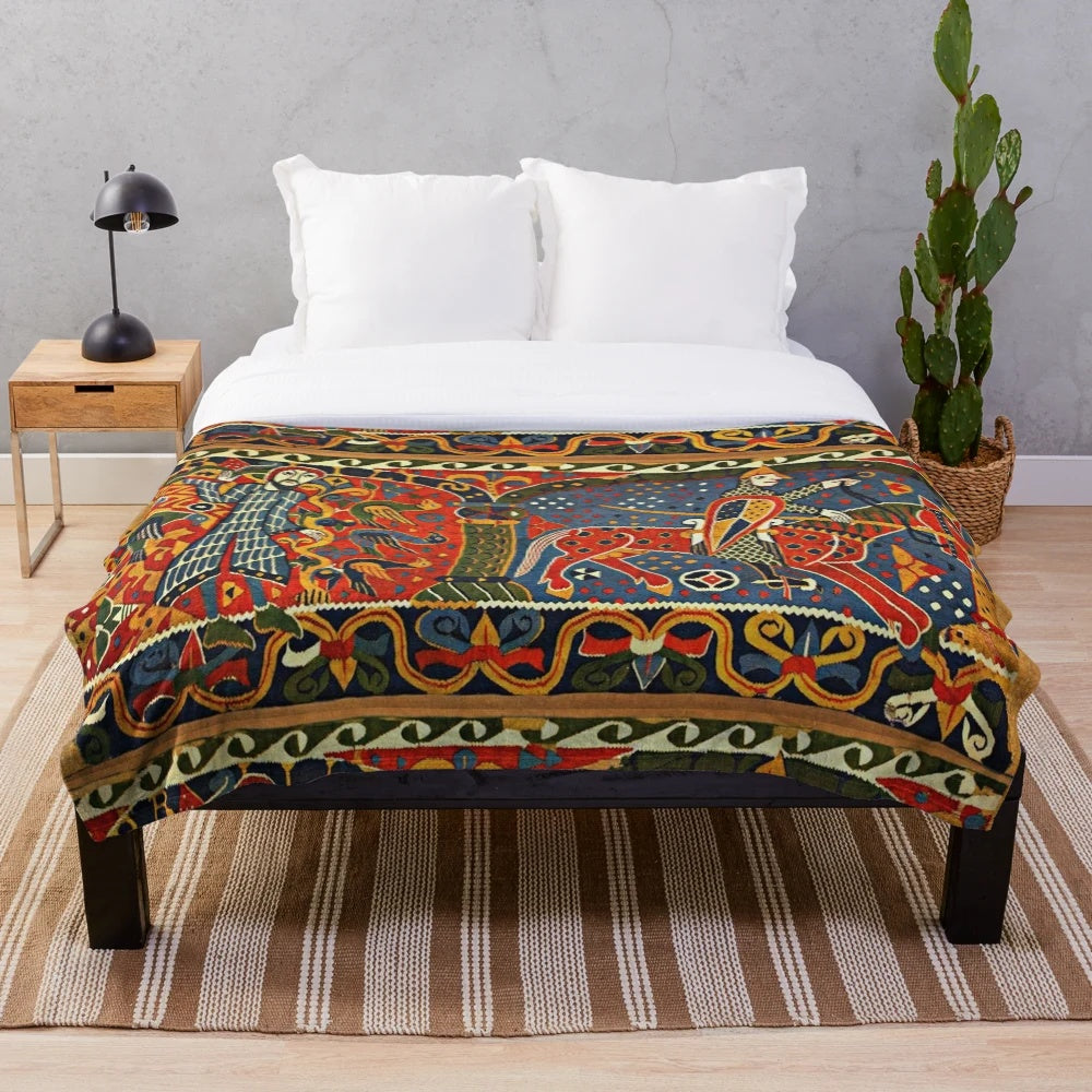 Vibrant medieval knight on horseback plush blanket with floral and animal motifs