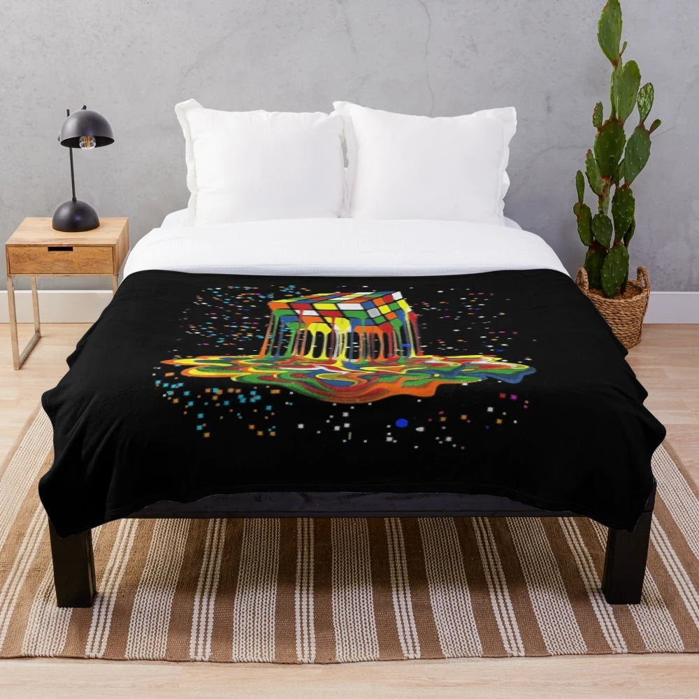 Colorful melting Rubik's cube graphic on a plush blanket