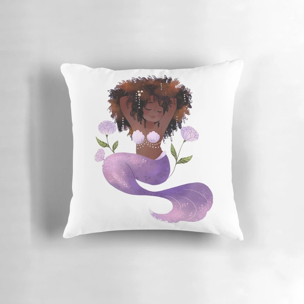 Vibrant mermaid-themed pillow with natural hair art designs in a variety of colors and styles.