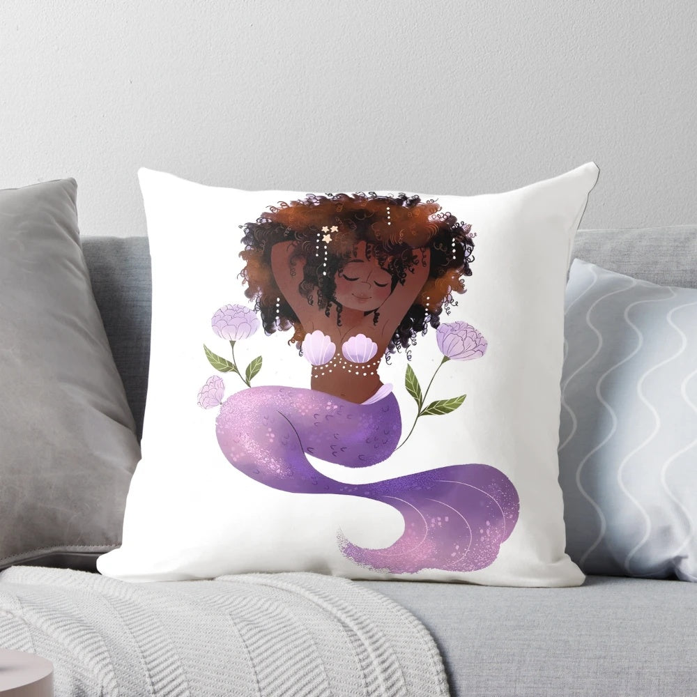 Vibrant mermaid-themed pillow with natural hair art designs in a variety of colors and styles.
