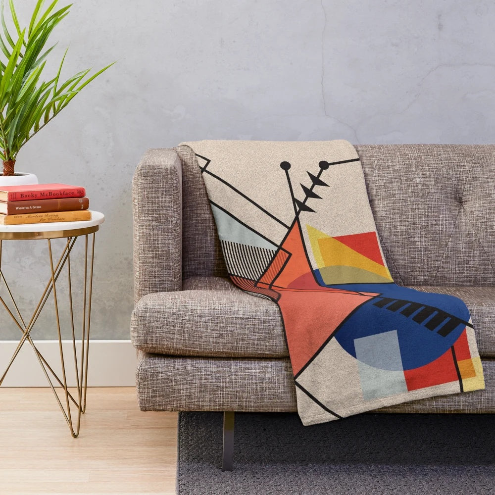 Colorful midcentury modern abstract plush blanket with geometric patterns and bold colors