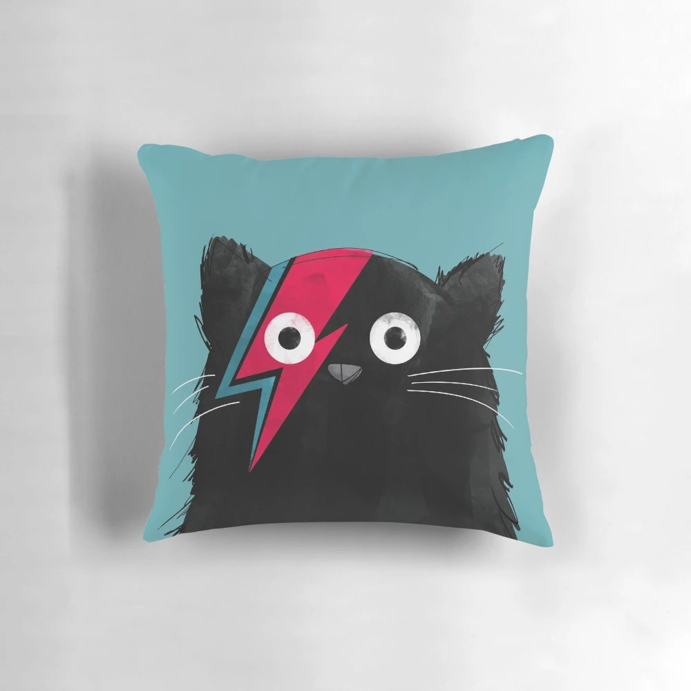Vibrant, minimalist cat-themed graphic design on a soft, plush pillow.