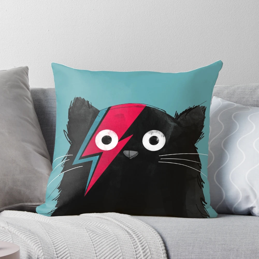 Vibrant, minimalist cat-themed graphic design on a soft, plush pillow.