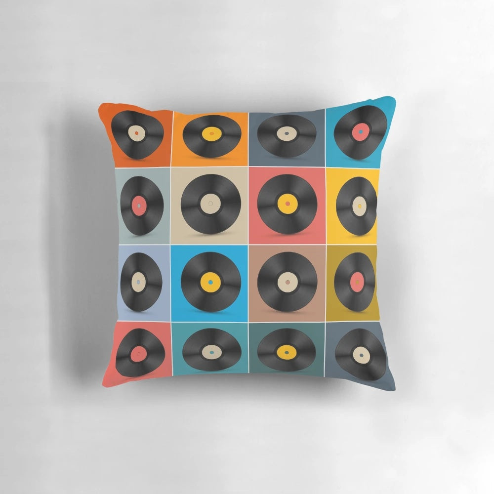Colorful music poster pillow featuring album and vinyl record designs