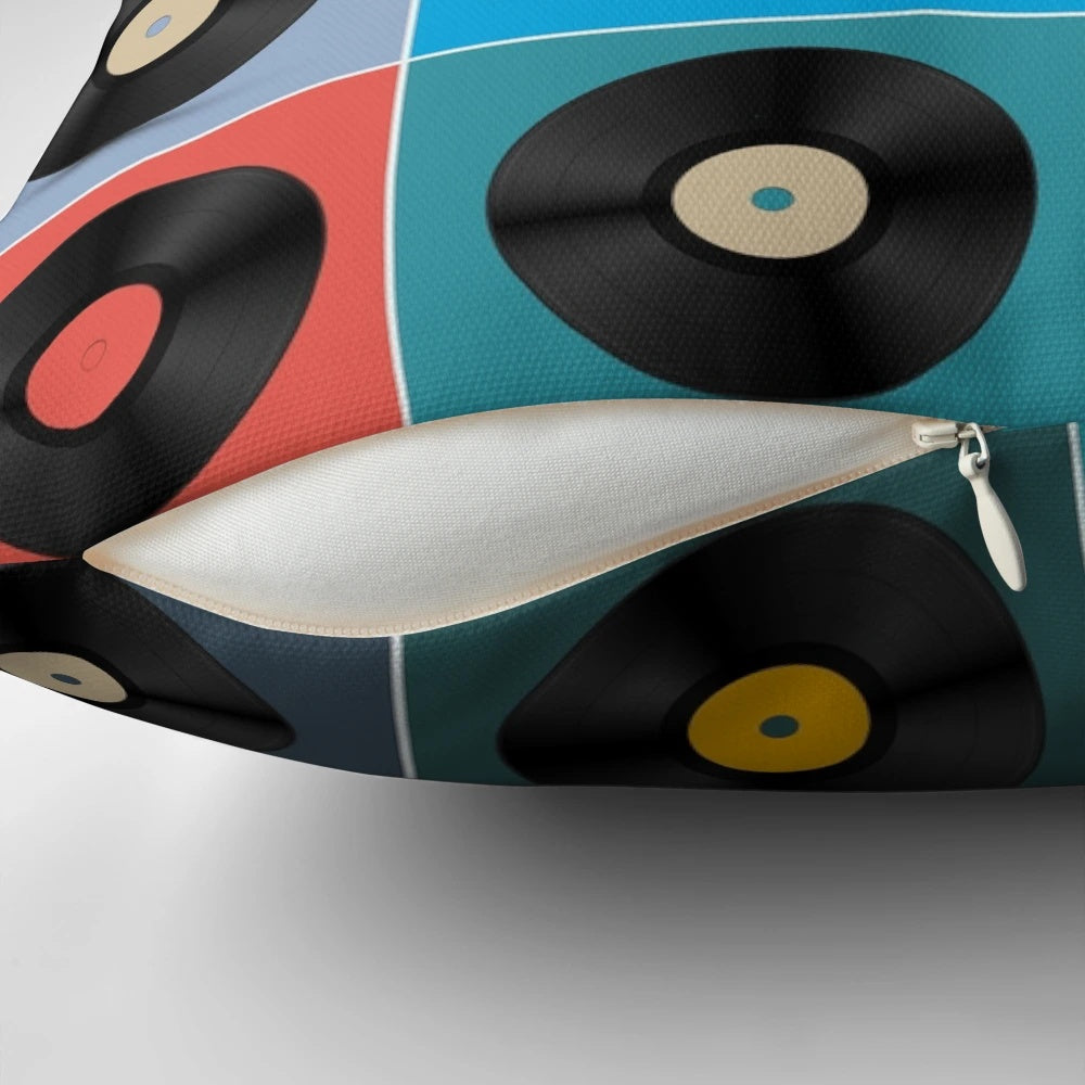 Colorful music poster pillow featuring album and vinyl record designs