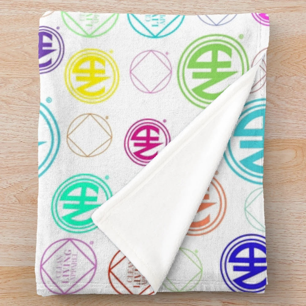 Colorful Narcotics Anonymous inspired plush blanket with symbols and logos