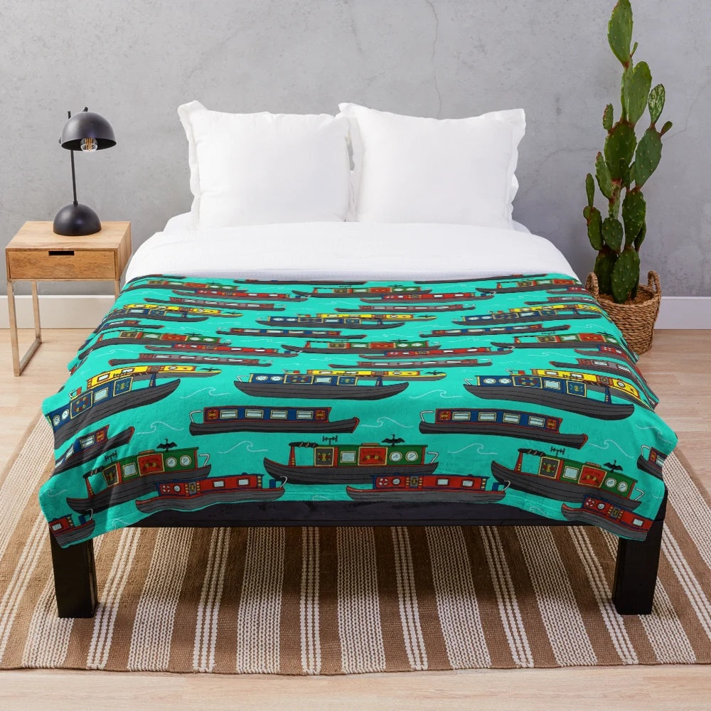 Plush blanket featuring a colorful scene of canal boats and barges on a European waterway