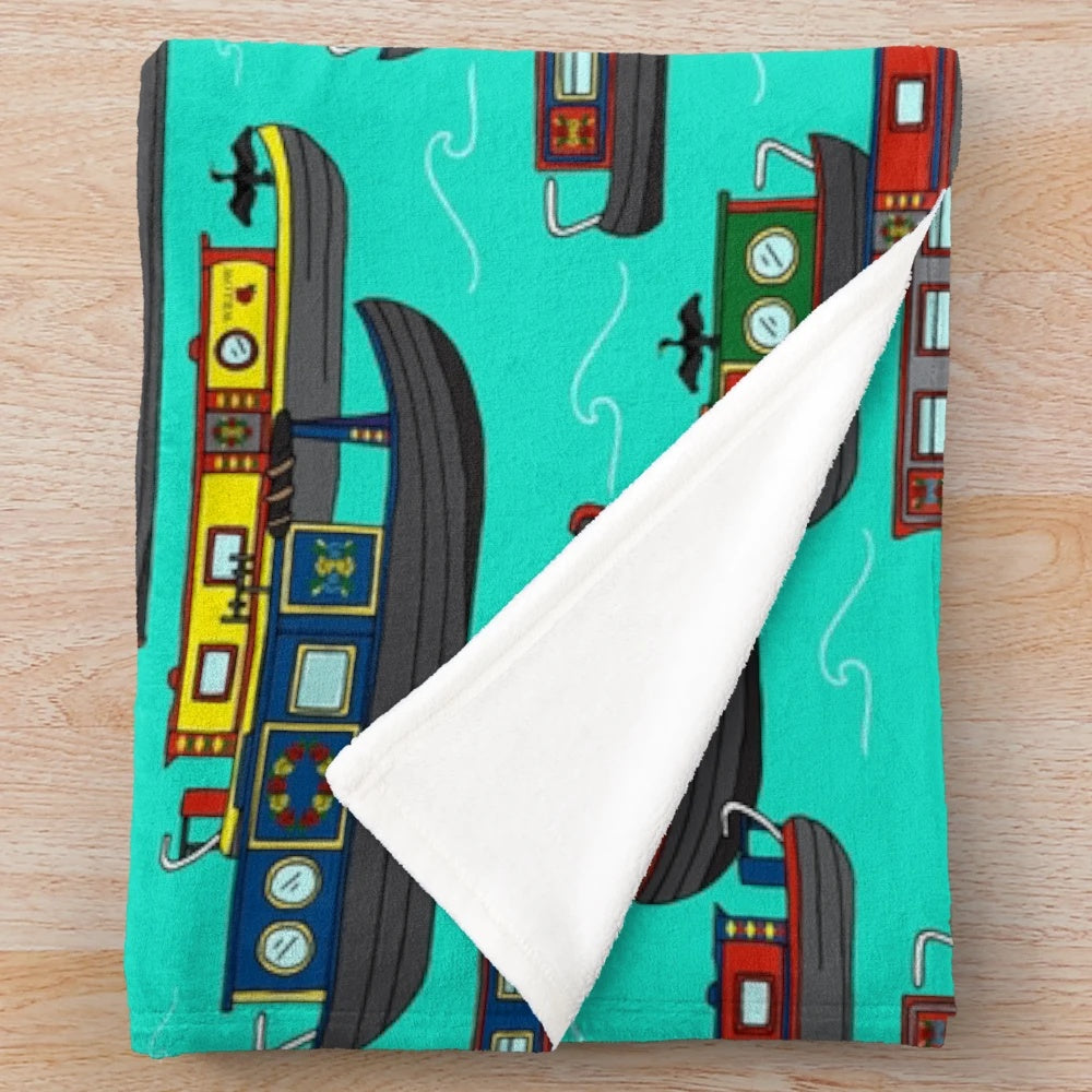 Plush blanket featuring a colorful scene of canal boats and barges on a European waterway